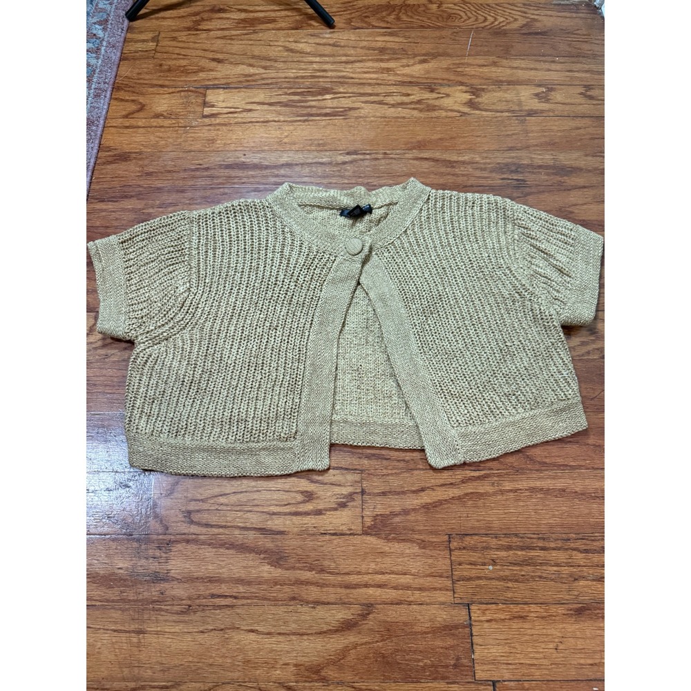 August Silk Knits Gold Cropped Cardigan Sweater XL Short Sleeve Shrug Bolero